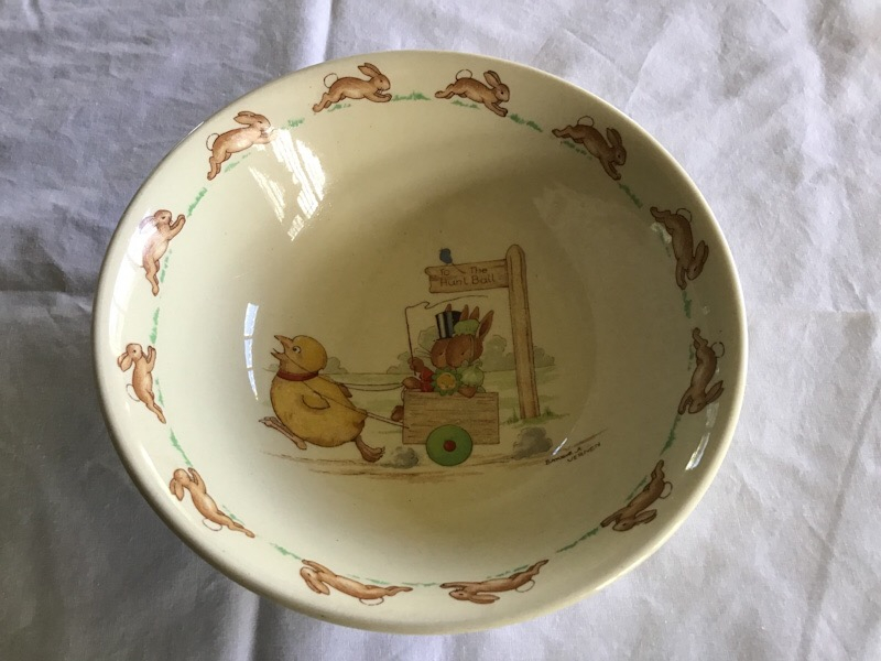 Royal Doulton Bunnykins Chicken Pulling Cart cereal bowl signed